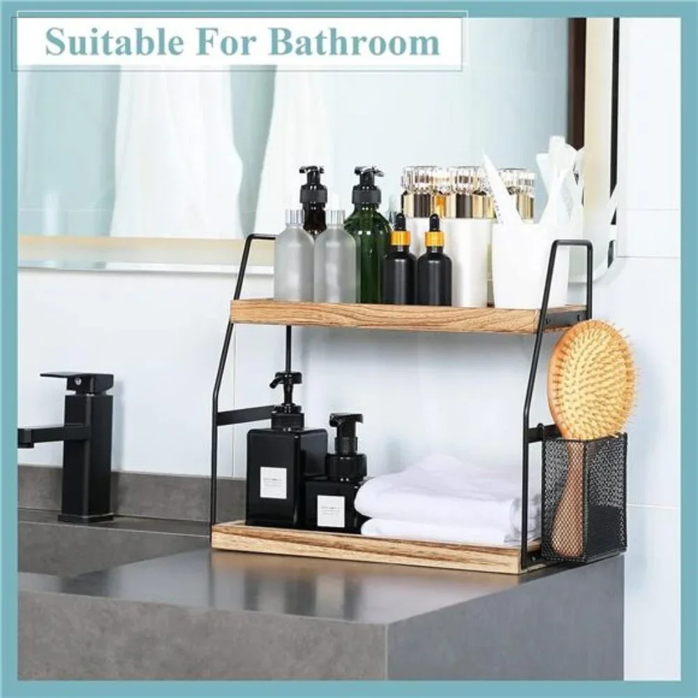 Bathroom Counter Organizer, 2-Tier Standing Storage Shelf with Basket, Wood